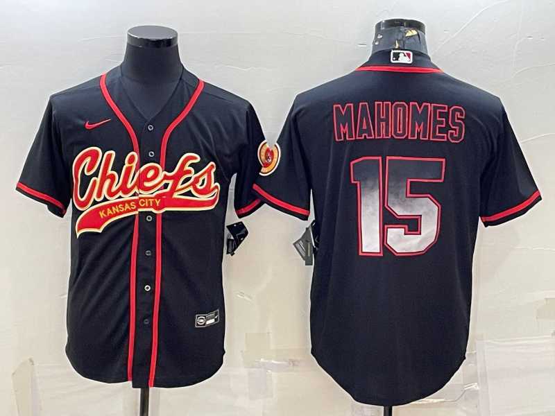 Men%27s Kansas City Chiefs #15 Patrick Mahomes Black Gold With Patch Smoke Cool Base Stitched Baseball Jersey